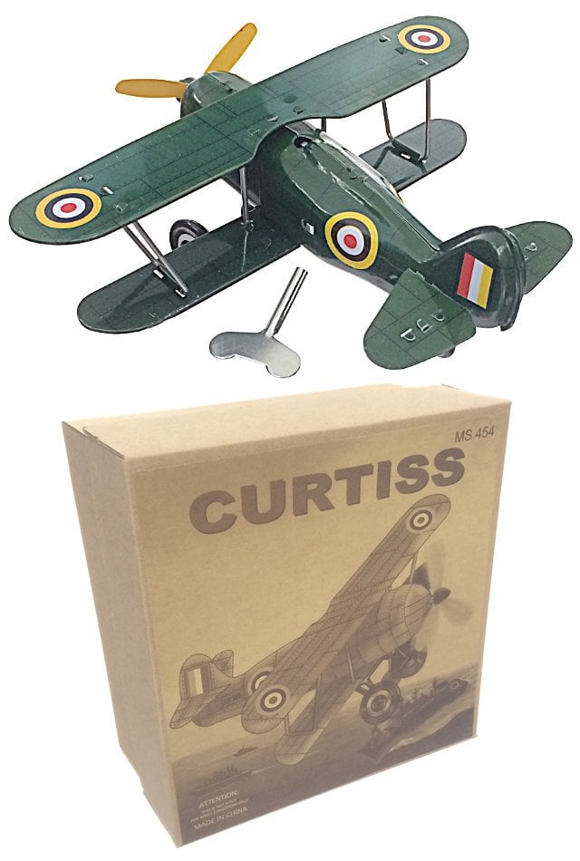 Green Curtis Biplane Tin Toy Airplane (Some Scratches)