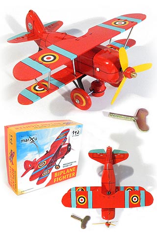 Red Biplane Wind Up Tin Toy