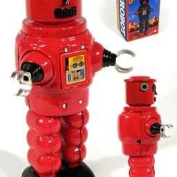 Roby Red Robot Cylinder Head Tin Toy
