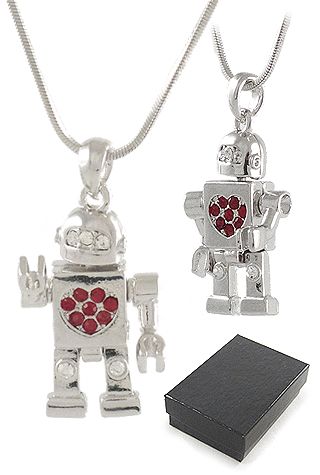 images Heart Robot Necklace Silver Shiny