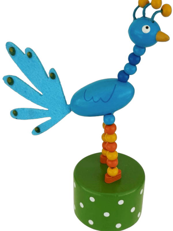 Blue Peacock Wooden Thumb Push Puppet Toy